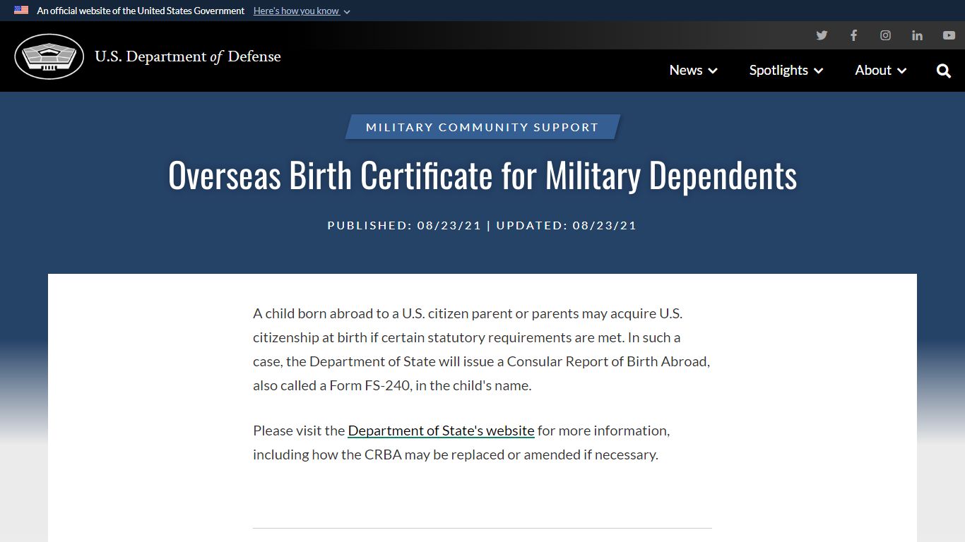 Overseas Birth Certificate for Military Dependents